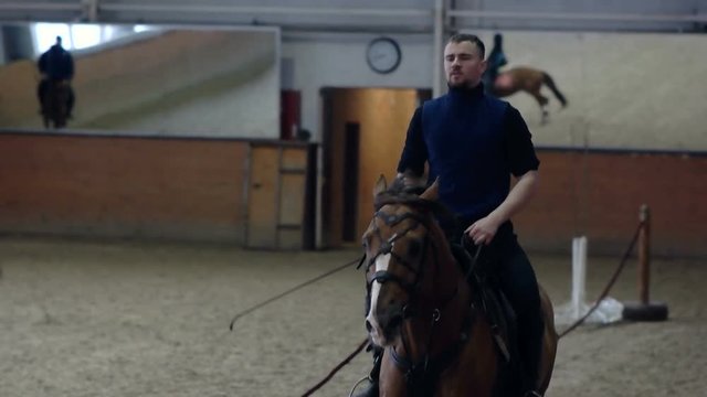 A man riding a brown horse around the arena. . Don horse breed.
