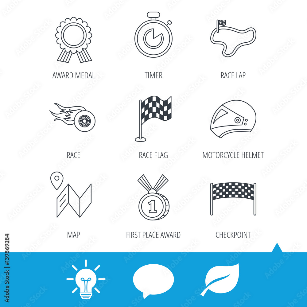 Poster race flag and speed icons. winner medal, motorcycle helmet and timer linear signs. map navigation fl