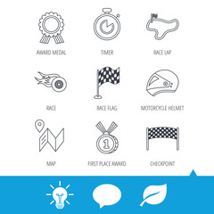 Race flag and speed icons. Winner medal, motorcycle helmet and timer linear signs. Map navigation flat line icons. Light bulb, speech bubble and leaf web icons. Vector