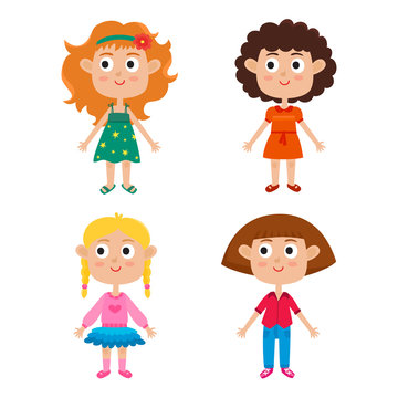 Cartoon girls isolated on white. Characters set of stylish kids.