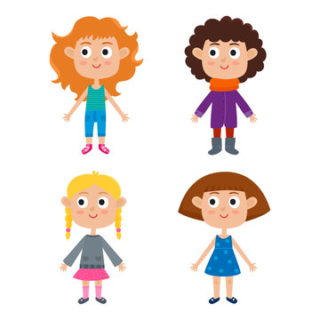 Cartoon girls isolated on white. Characters set of stylish kids.