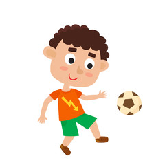 Vector illustration of little boy playing football in cartoon style