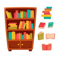 Different books on the shelves of wooden bookcase.