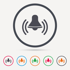 Bell icon. Reminder alarm signal symbol. Round circle buttons. Colored flat web icons. Vector
