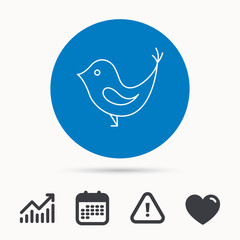 Bird with beak icon. Cute small fowl symbol. Social media concept sign. Calendar, attention sign and growth chart. Button with web icon. Vector