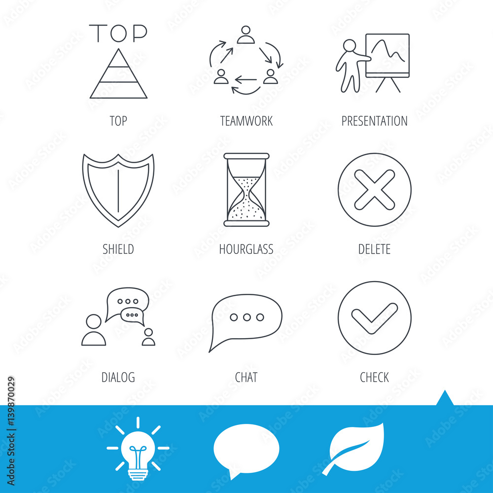 Poster teamwork, presentation and dialog icons. chat speech bubble, shield and pyramid linear signs. check,