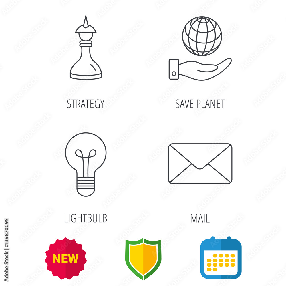 Poster strategy, save planet and mail envelope icons. lamp lightbulb linear sign. shield protection, calend