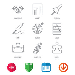 Handshake, graph charts and target icons. Puzzle, pushpin and safety pin linear signs. Briefcase and pen flat line icons. New tag, shield and calendar web icons. Download arrow. Vector