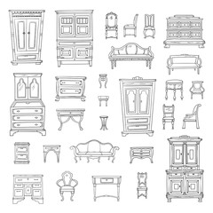 Antique furniture set: closet, nightstand, closet, chairs, nightstands and bureaus - 139870026