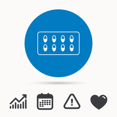 Medical capsules icon. Medicine drugs sign. Calendar, attention sign and growth chart. Button with web icon. Vector