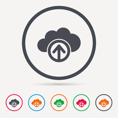 Upload from cloud icon. Data storage technology symbol. Round circle buttons. Colored flat web icons. Vector