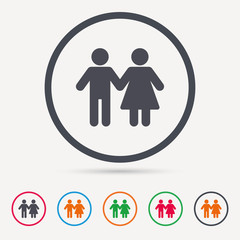 Couple icon. Traditional young family symbol. Round circle buttons. Colored flat web icons. Vector