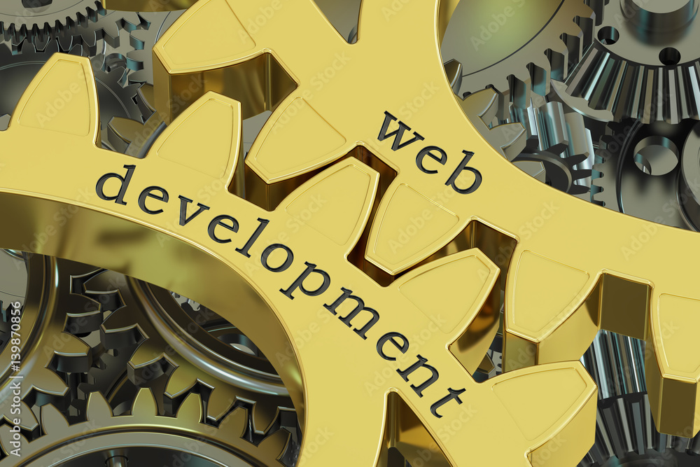 Poster web development concept on the gearwheels, 3d rendering