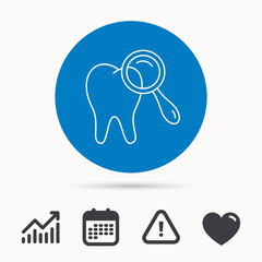 Dental diagnostic icon. Tooth hygiene sign. Calendar, attention sign and growth chart. Button with web icon. Vector