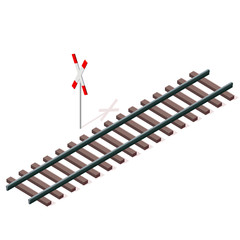 Vector railway in isometric 3d perspective isolated on white background with railway cross sign. Industrial transportation building. Metallic track architecture with frets. Rail with sleepers.