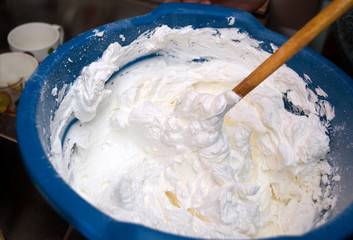 Preparation whipped cream cake in Novi Sad, Serbia