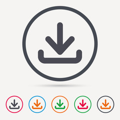 Download icon. Load internet data symbol. Round circle buttons. Colored flat web icons. Vector