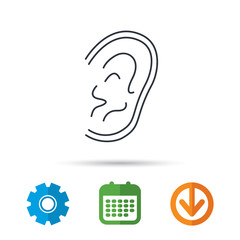 Ear icon. Hear or listen sign. Deaf human symbol. Calendar, cogwheel and download arrow signs. Colored flat web icons. Vector