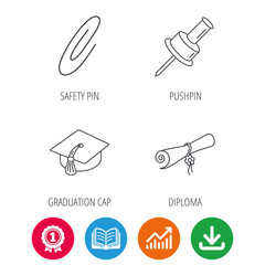 Graduation cap, pushpin and diploma icons. Safety pin linear sign. Award medal, growth chart and opened book web icons. Download arrow. Vector