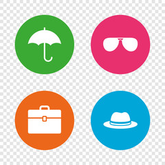 Umbrella, sunglasses and hat with case.