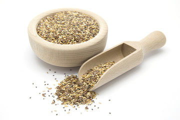 Flax, chia and sesame seeds in wooden scoop and bowl