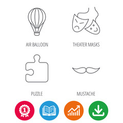 Puzzle, air balloon and theater masks. Mustache linear sign. Award medal, growth chart and opened book web icons. Download arrow. Vector