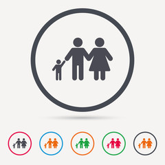 Family icon. Father, mother and child symbol. Round circle buttons. Colored flat web icons. Vector