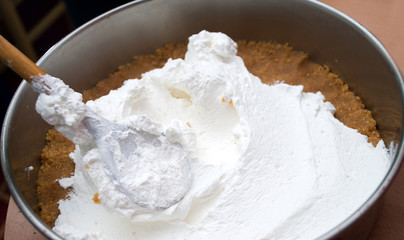Preparation whipped cream cake in Novi Sad, Serbia