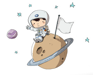 Astronauta, niño en el espacio sentado sobre un planeta