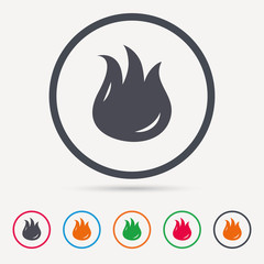 Fire icon. Blazing bonfire flame symbol. Round circle buttons. Colored flat web icons. Vector