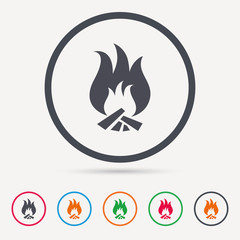 Fire icon. Blazing bonfire flame symbol. Round circle buttons. Colored flat web icons. Vector