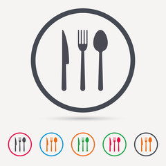 Fork, knife and spoon icons. Cutlery symbol. Round circle buttons. Colored flat web icons. Vector