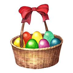 Wicker basket with Easter eggs Watercolor illustration