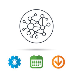 Global network icon. Social connections sign. Calendar, cogwheel and download arrow signs. Colored flat web icons. Vector