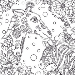 hand drawn ink doodle zebra and giraffe and flowers on white background. design for adults, poster, print, t-shirt, invitation, banners, flyers. sketch. vector eps 8.