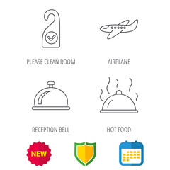 Hot food, reception bell and clean room icons. Airplane linear sign. Shield protection, calendar and new tag web icons. Vector