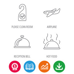 Hot food, reception bell and clean room icons. Airplane linear sign. Award medal, growth chart and opened book web icons. Download arrow. Vector