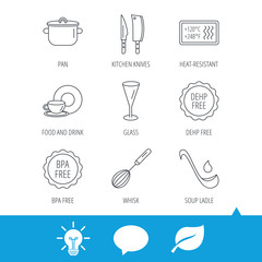 Kitchen knives, glass and pan icons. Food and drink, coffee cup and whisk linear signs. Soup ladle, heat-resistant and DEHP, BPA free icons. Light bulb, speech bubble and leaf web icons. Vector