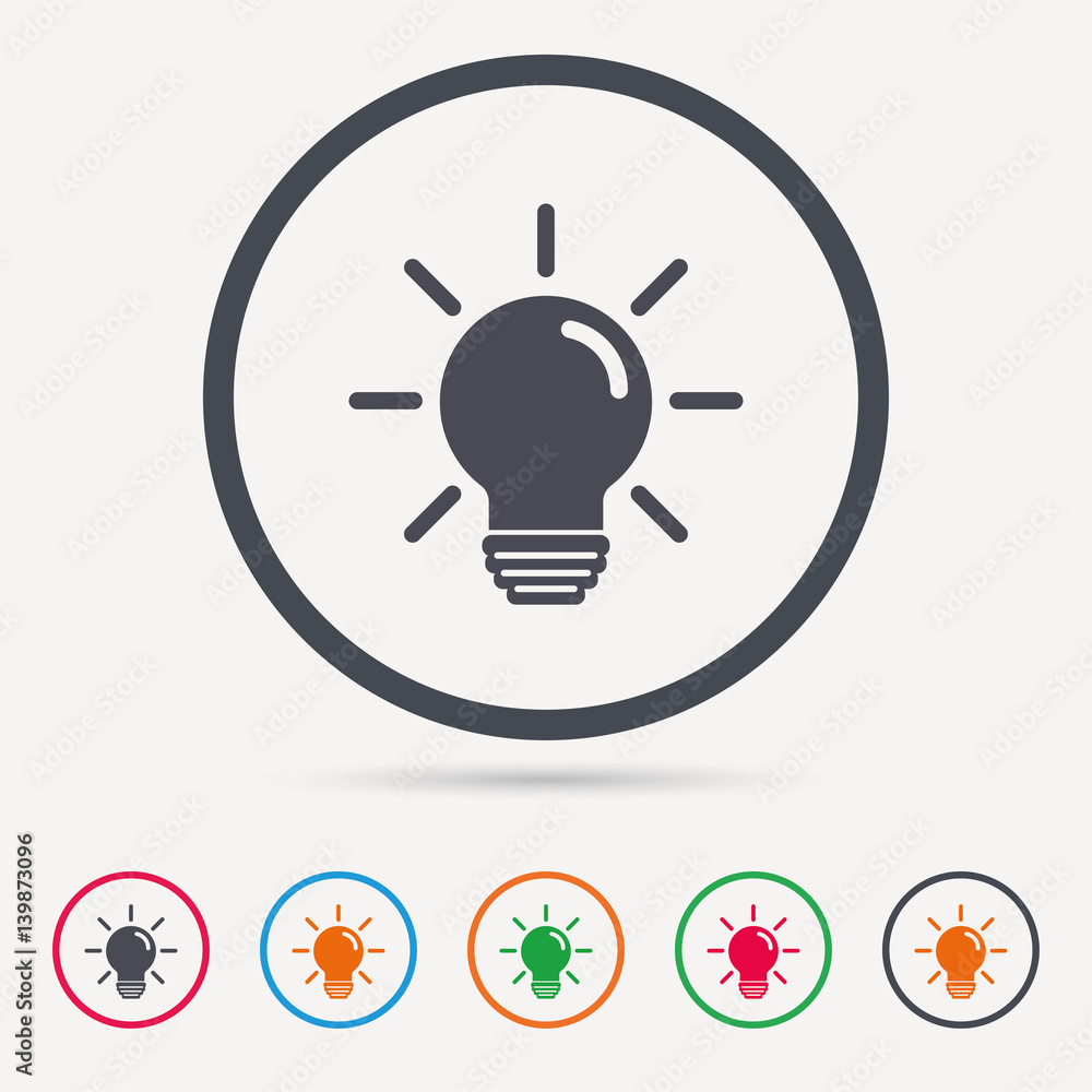 Poster light bulb icon. lamp sign. illumination technology symbol. round circle buttons. colored flat web i