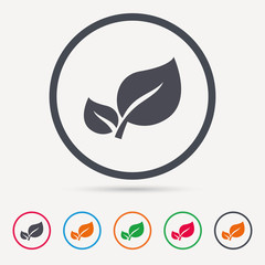 Leaf icon. Fresh organic product symbol. Round circle buttons. Colored flat web icons. Vector