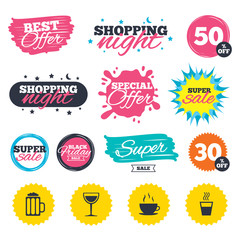 Drinks signs. Coffee cup, glass of beer icons.