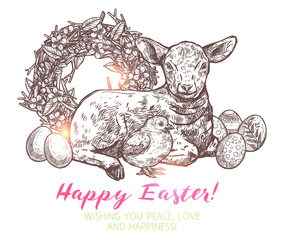 Sketch Happy Easter Monochrome Illustration With Baby Sheep, Branches Wreath, Chicken And Easter Eggs. Hand Drawn Greeting Card