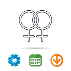 Lesbian love icon. Homosexual sign. Calendar, cogwheel and download arrow signs. Colored flat web icons. Vector