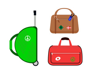 Travel tourism fashion baggage or luggage vacation handle leather big packing briefcase and voyage destination case bag on wheels vector illustration.