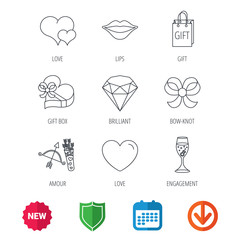 Love heart, brilliant and engagement ring icons. Bow, smile and gift box linear signs. Valentine amour arrows flat line icons. New tag, shield and calendar web icons. Download arrow. Vector