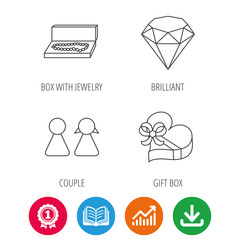 Brilliant, gift box and couple icons. Box with jewelry linear sign. Award medal, growth chart and opened book web icons. Download arrow. Vector
