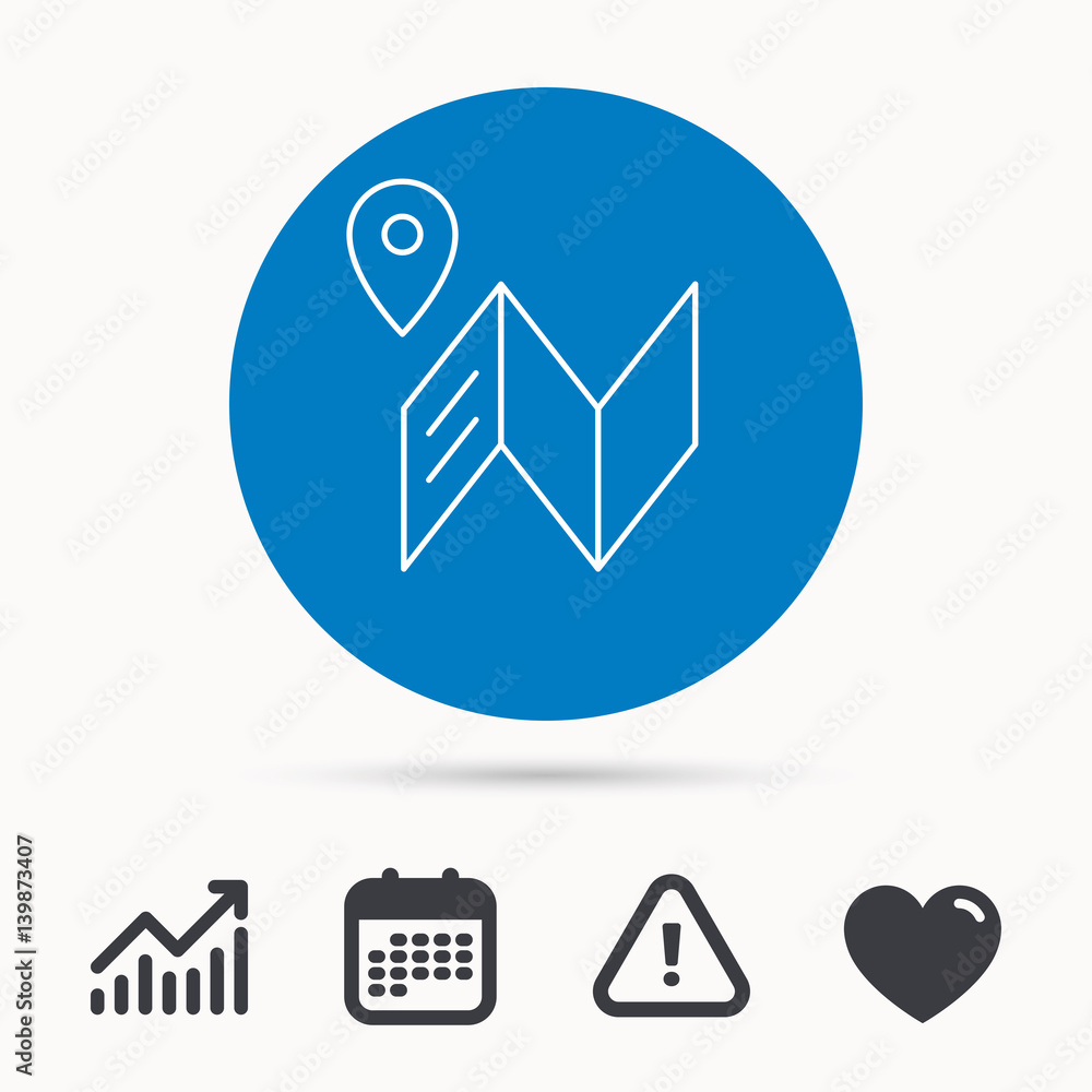 Poster map icon. gps navigation with pin sign. calendar, attention sign and growth chart. button with web i