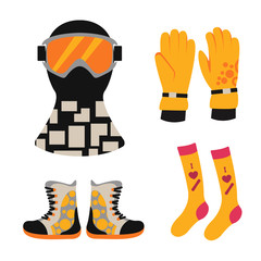 Snowboard sport clothes and tools elements