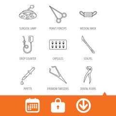 Medical mask, capsules and dental pliers icons. Surgical lamp, scalpel and drop counter linear signs. Tweezers, pipette and forceps flat line icons. Download arrow, locker and calendar web icons