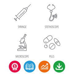 Syringe, stethoscope and microscope icons. Medical pills linear sign. Award medal, growth chart and opened book web icons. Download arrow. Vector